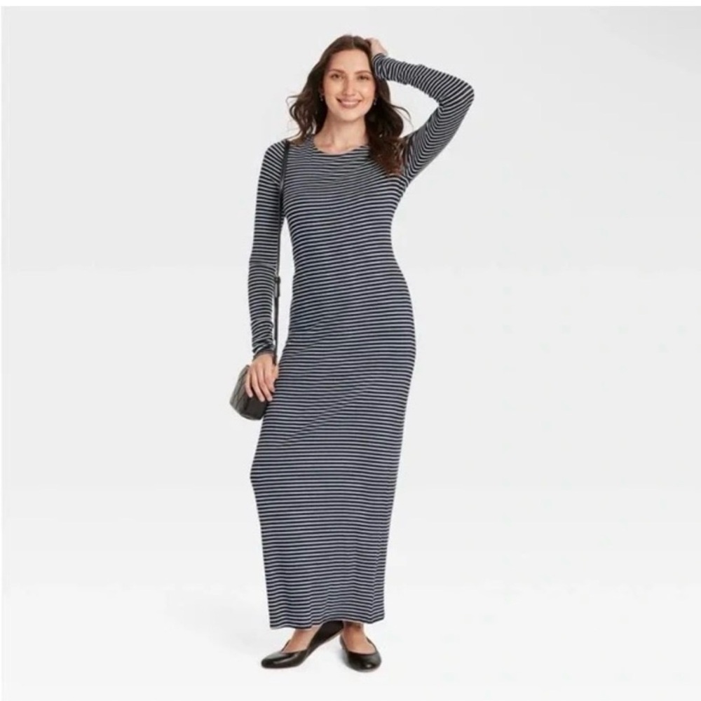 Universal Thread Striped Long Sleeve Maxi Dress - Navy blue & White